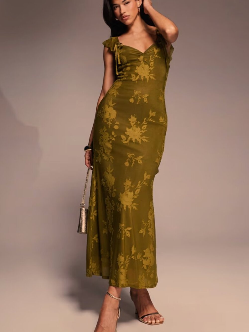 ASOS DESIGN ruffle cami strap maxi dress in olive green